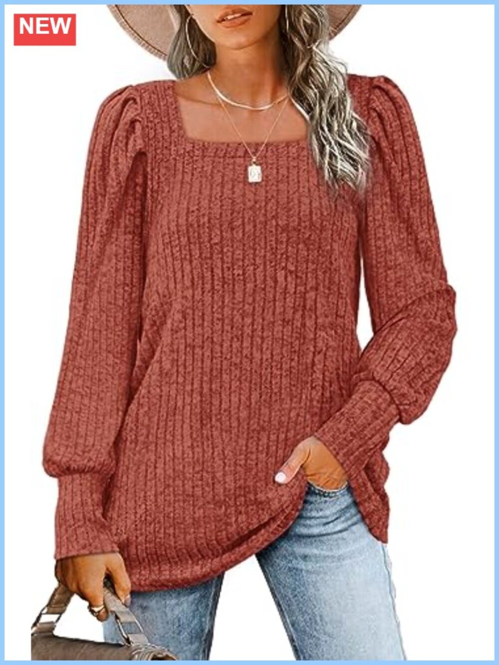 Womens Long Sleeve Square Neck Puff Sleeve Tunic Top Lightweight Sweater